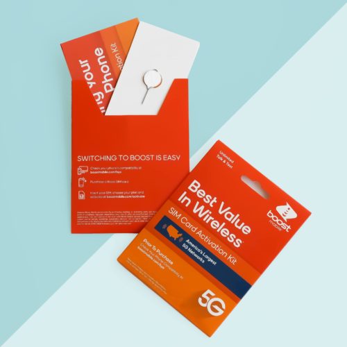 This Boost Mobile packaging is based on the Tasmania template from the Cairns range. It includes the all-important SIM pin and booklet to make the transition to their network as easy as possible for their customers.